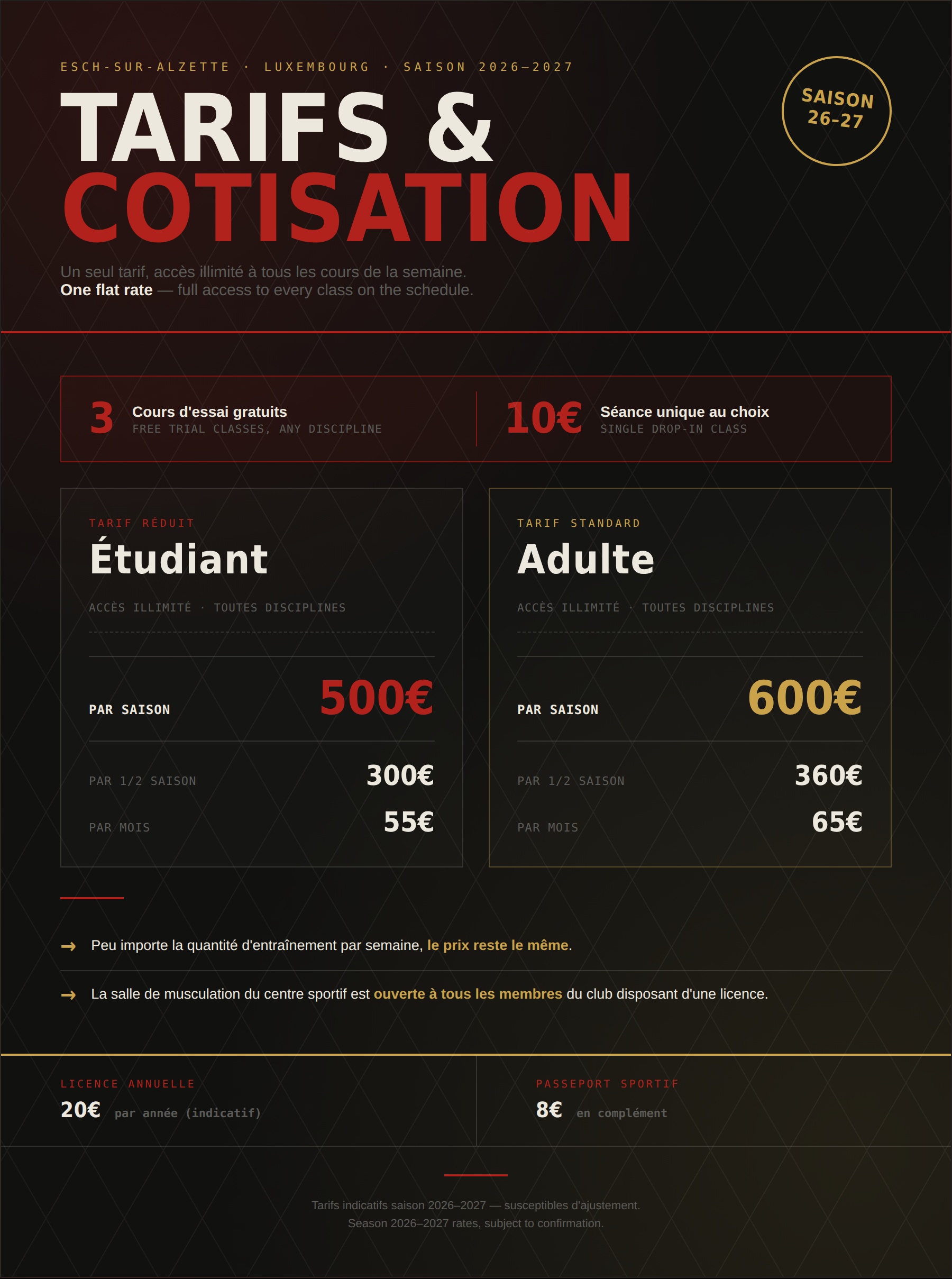 Tarifs saison 2026/2027