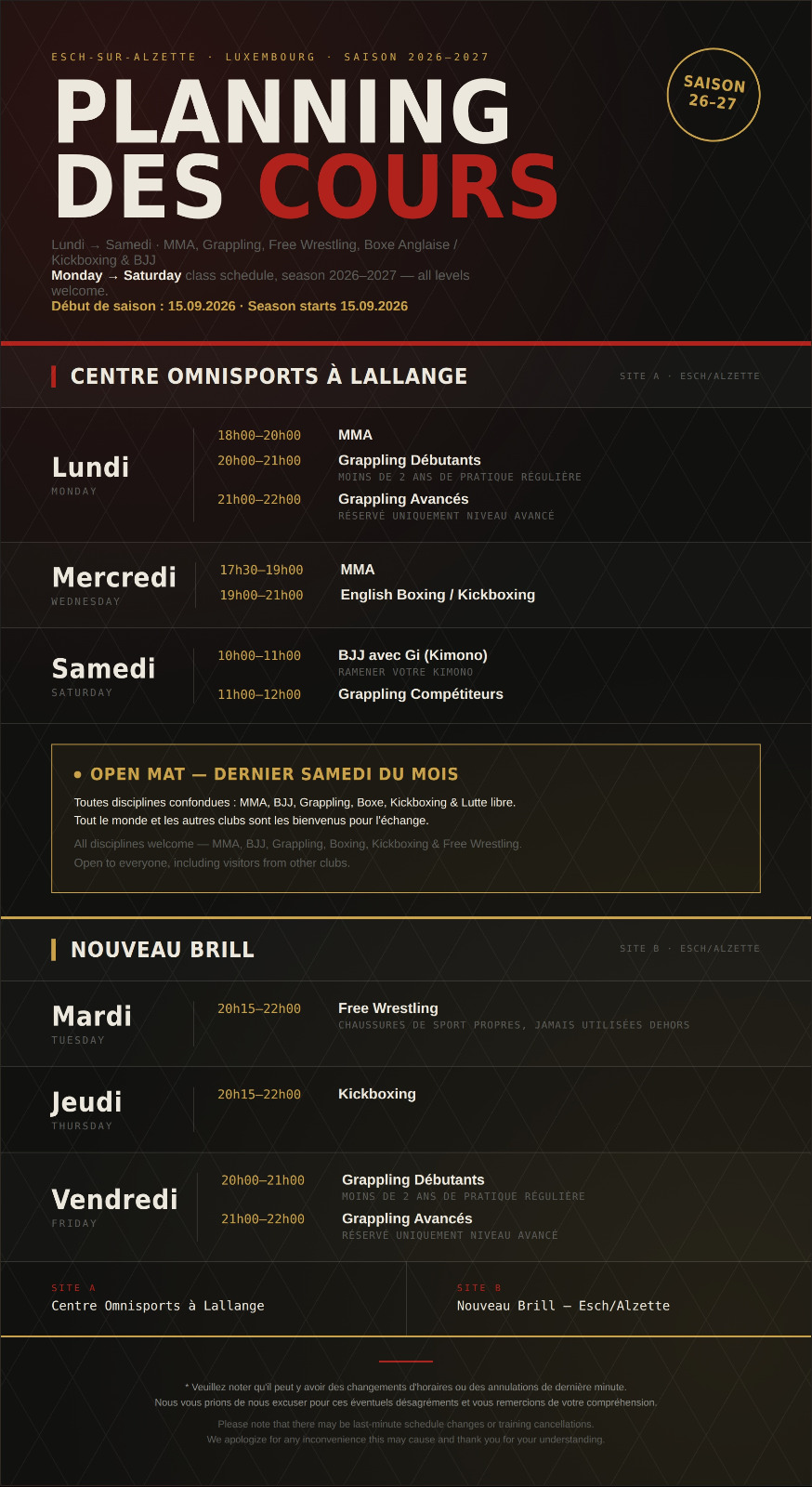 Horaires saison 2026/2027