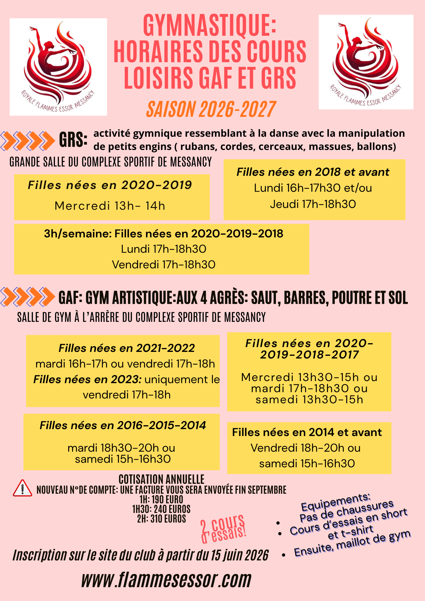 Horaire saison 2026-2027