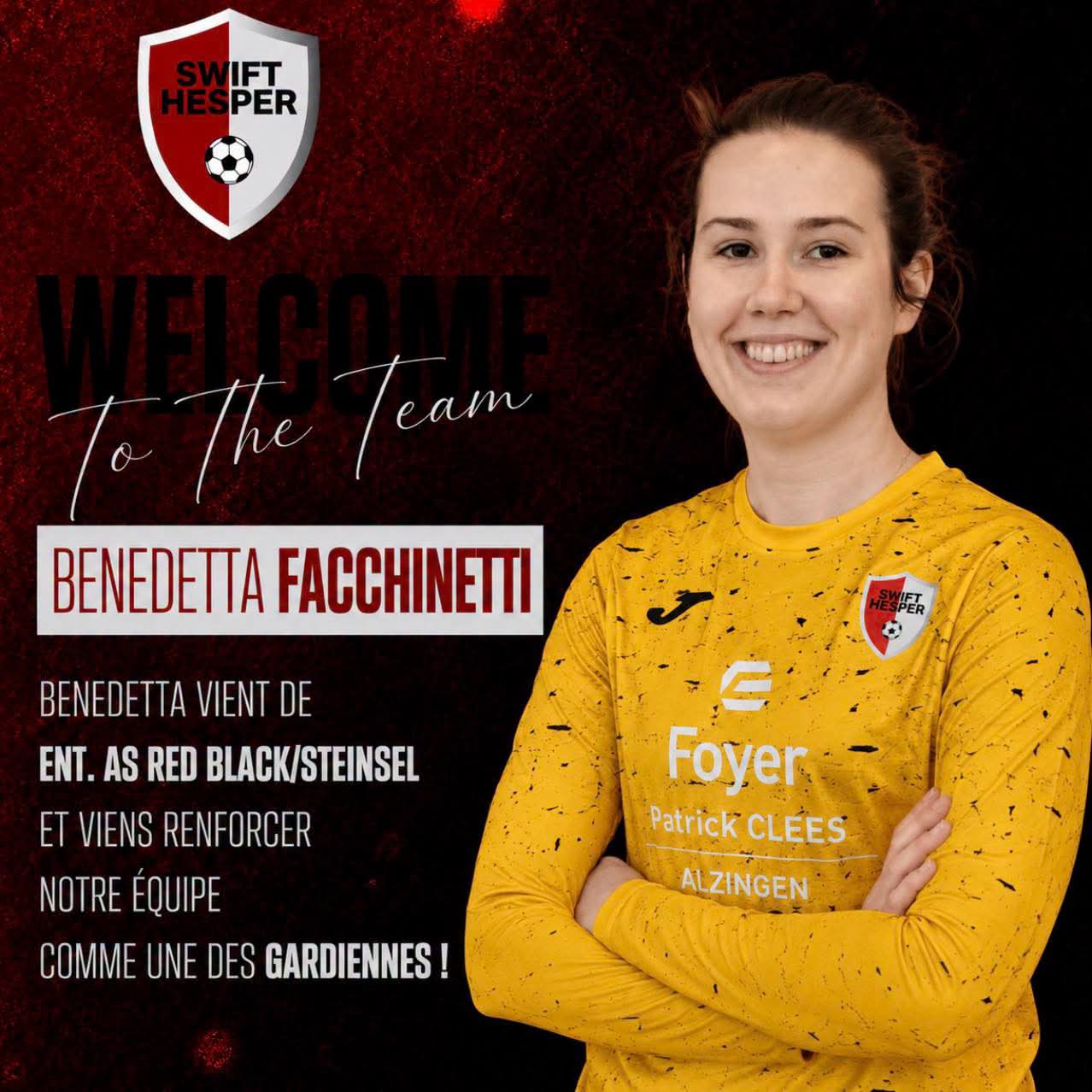  🇱🇺 Nei Verstäerkung! ✍🏼  Mir freeën eis, Benedetta Facchinetti beim Swift Hesper wëllkomm ze heeschen.  D’Benedetta kënnt vum AS Red Black/Steinsel a wäert eis Ekipp als Golkippin verstäerken. 