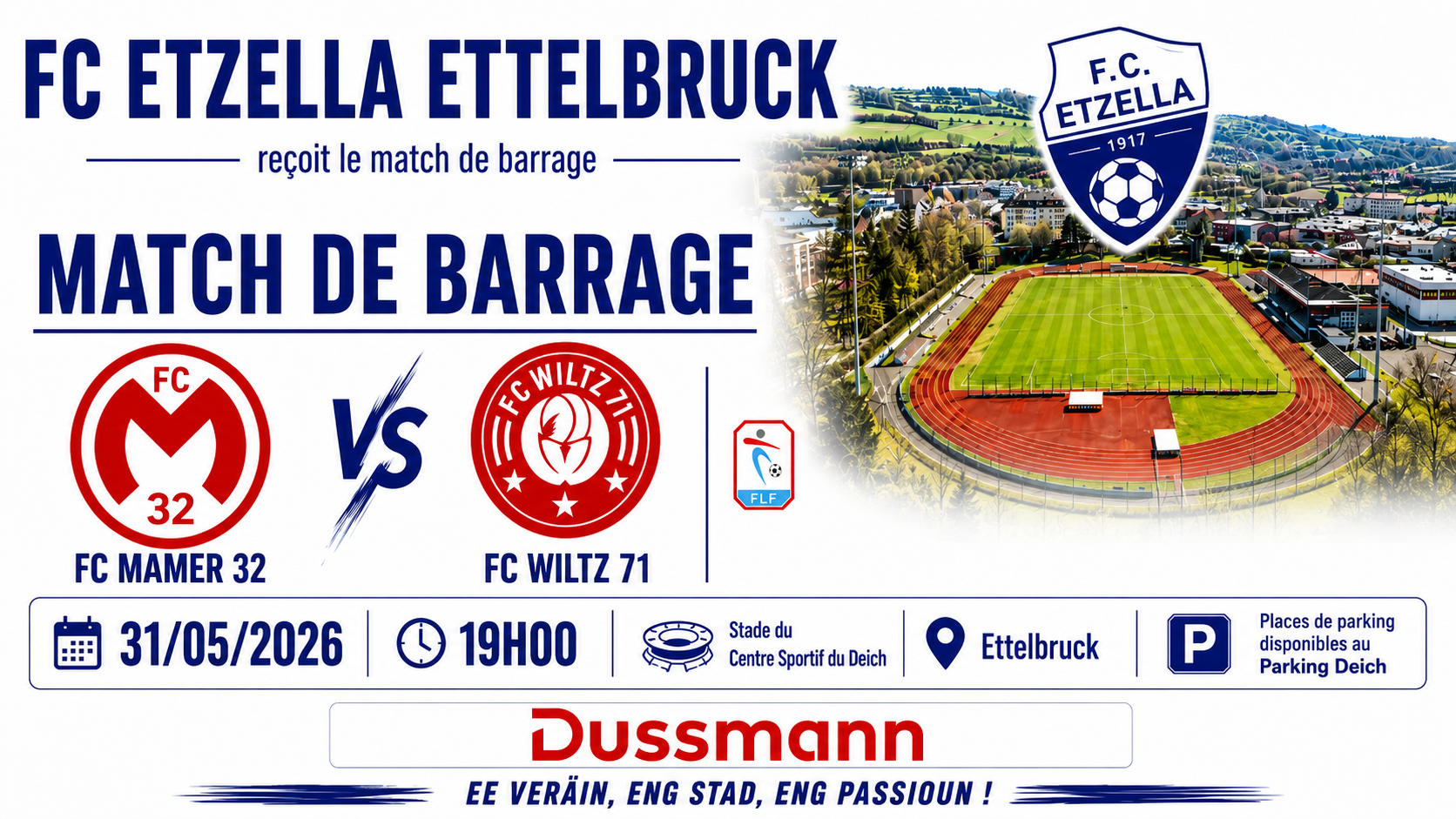 FC Etzella accueille le match de barrage le 31 mai 2026
