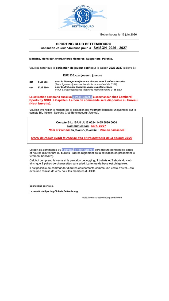 Cotisation joueur Saison 26-27