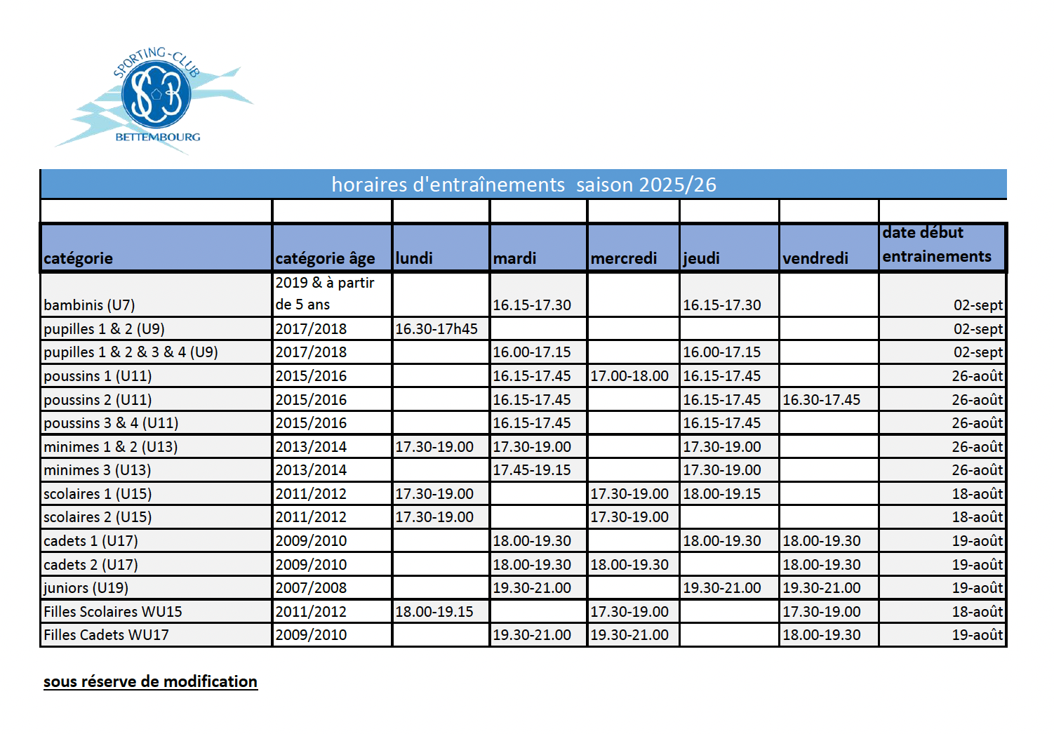 Horaires Entraînements 25-26