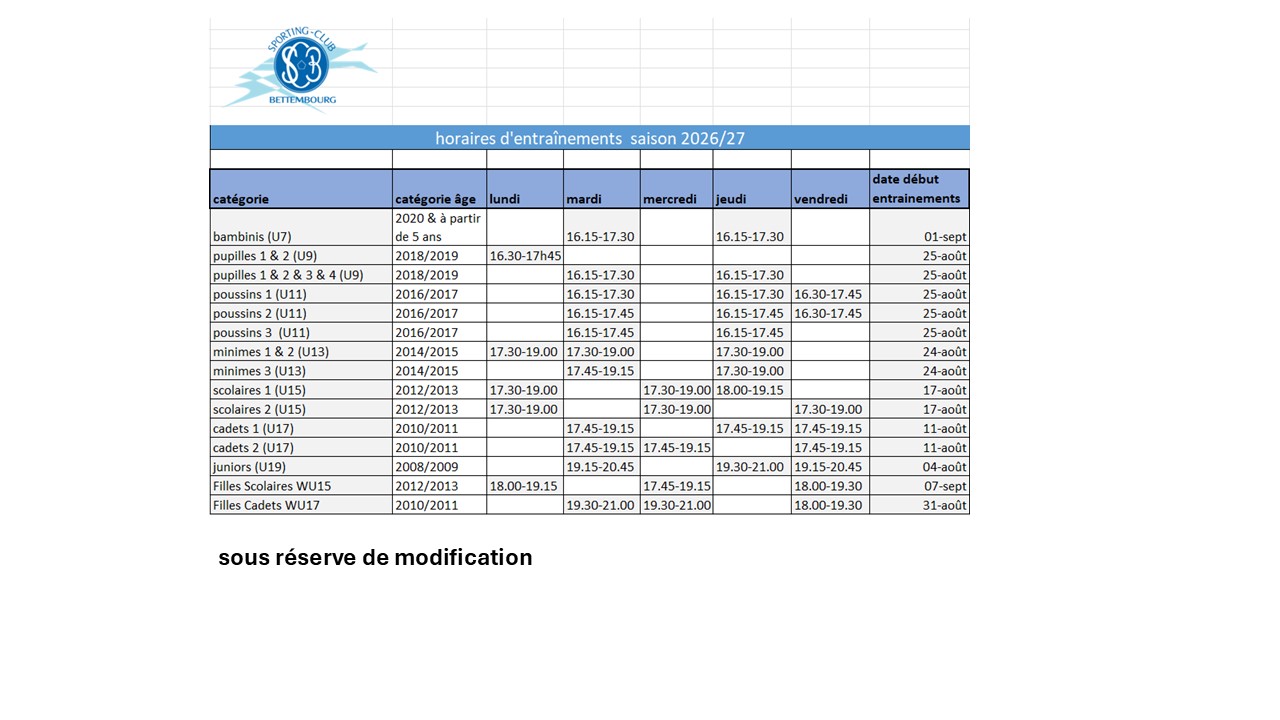Horaires entraînements saison 26-27