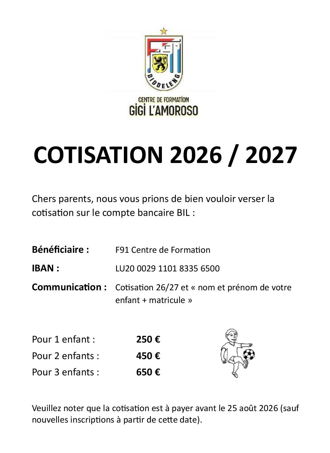 Centre de Formation - Cotisation 2026/2027