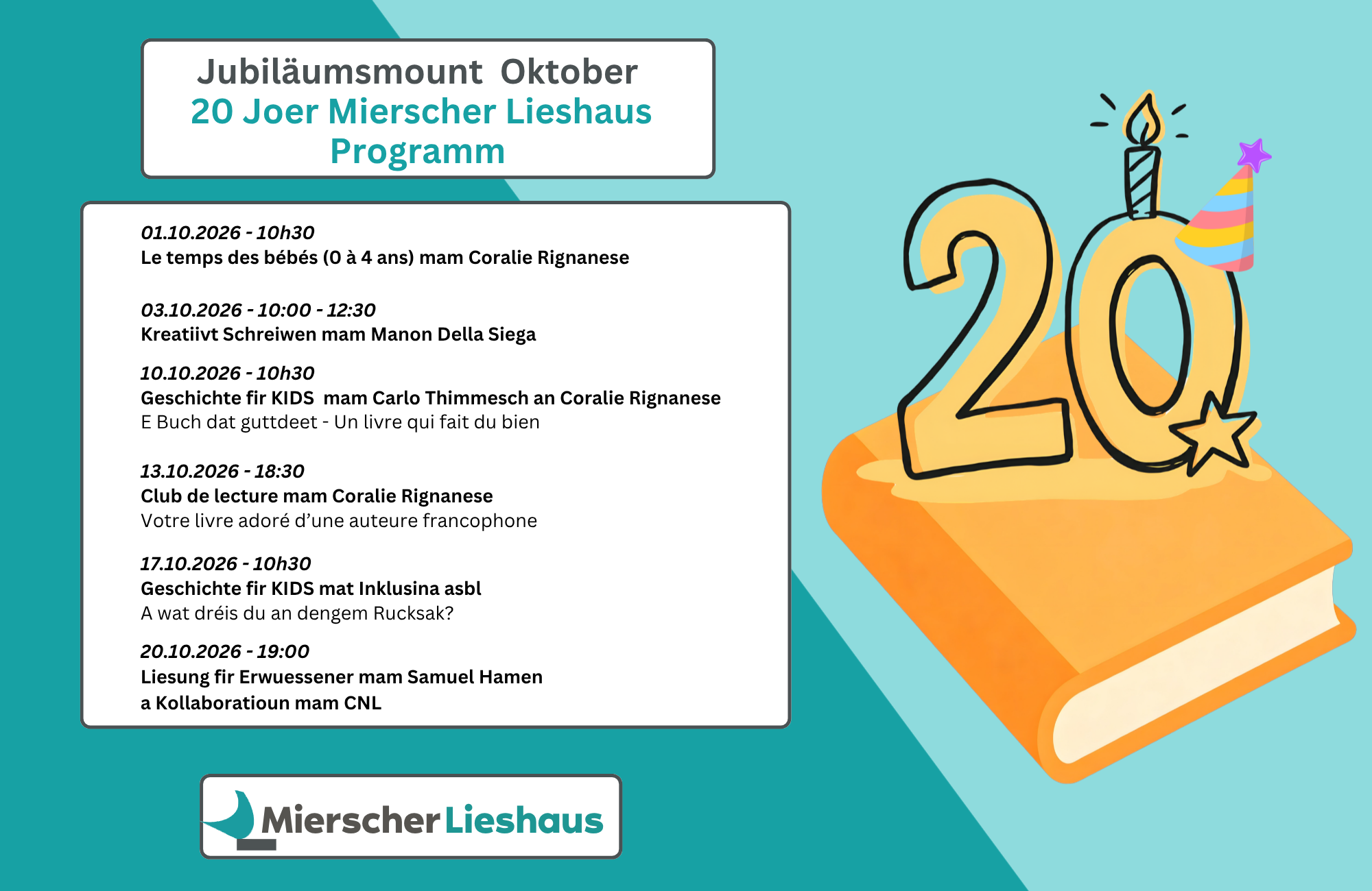 D'Lieshaus feiert 20 Joer an huet e flotte Programm fir den Oktober opgestallt :)