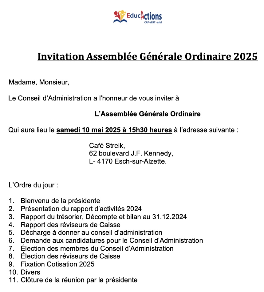 Assemblée Générale le samedi 10 mai 2025 à 15h30 au Café Streik, Esch