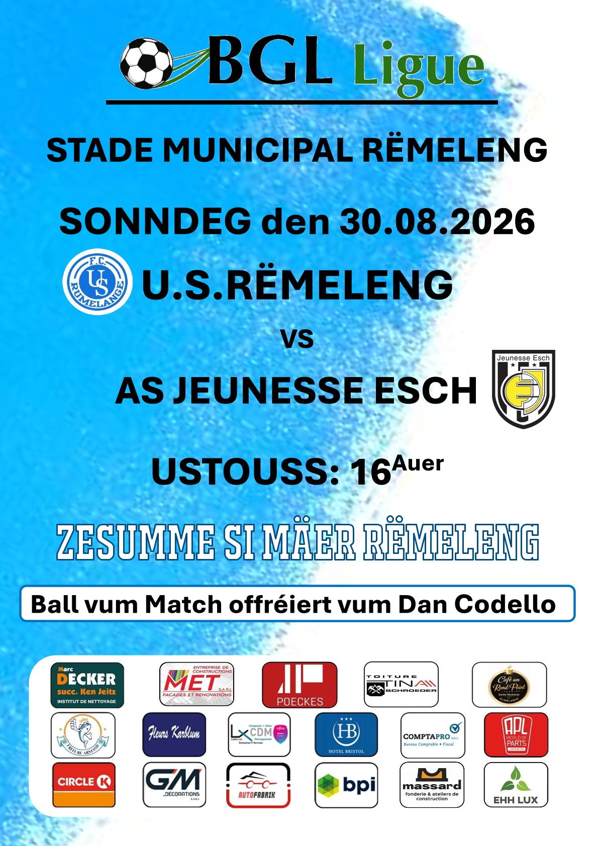 Championnat Seniors 1 le 30/8/2026 à 16 hrs : USR-Jeunesse Esch