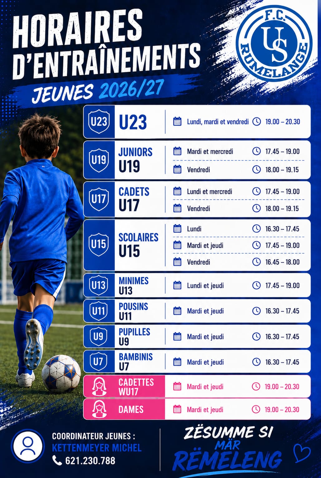 Horaires d'entraînements saison 2026-2027