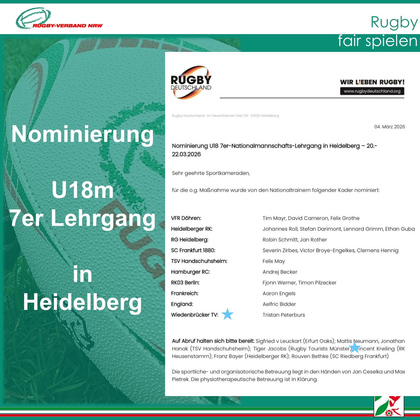 Nominierung U18 7er-Nationalmannschafts-Lehrgang Männer