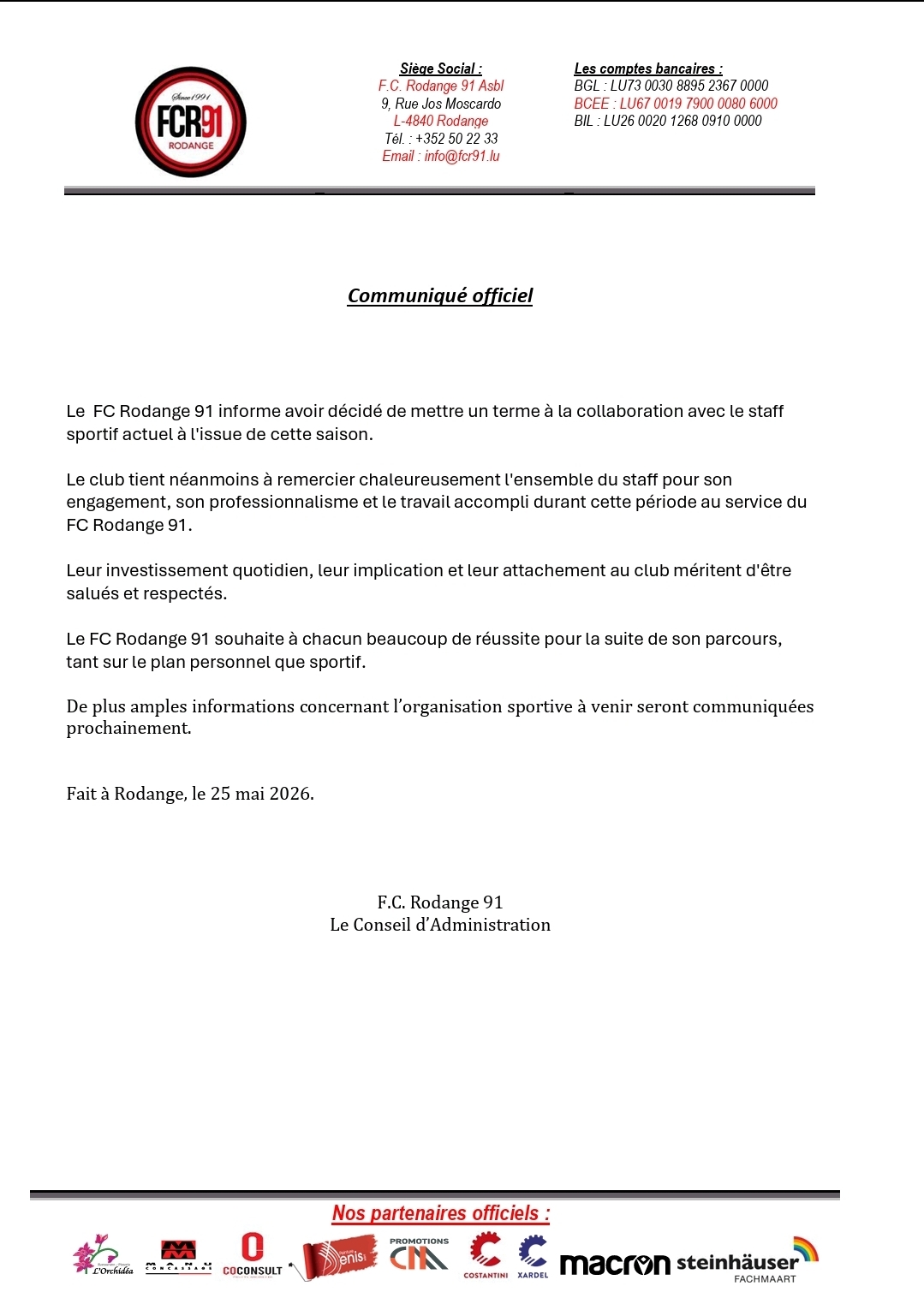 Communiqué officiel - Staff Seniors 1