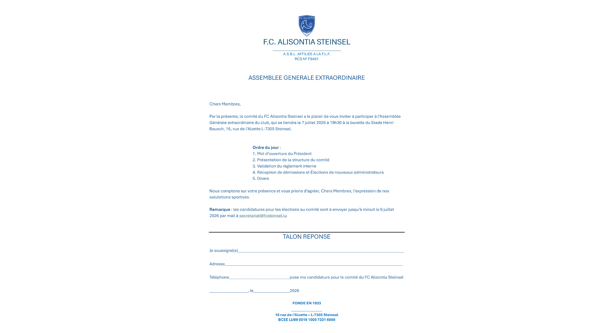 Assemblée Générale Extraordinaire du FC Alisontia Steinsel – 7 juillet 2026